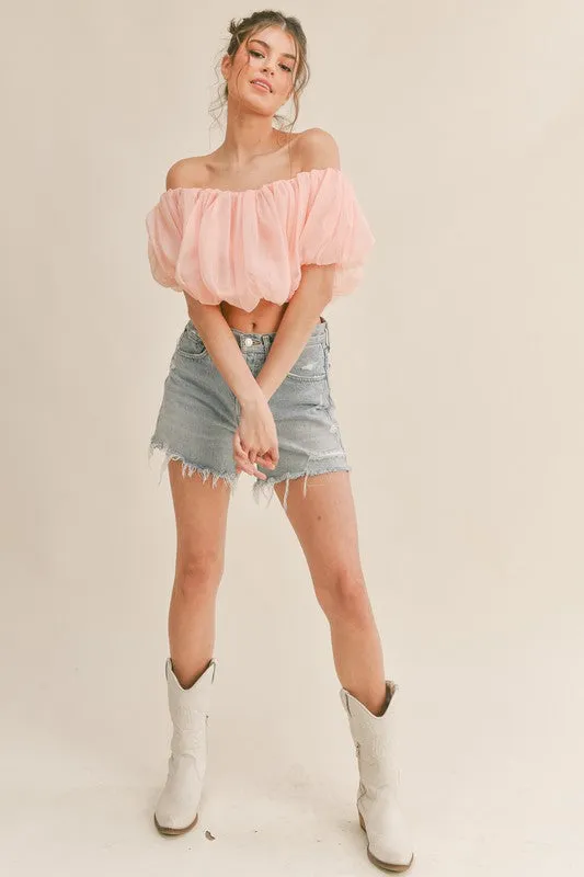 Peach Off Shoulder Balloon Sleeve Crop