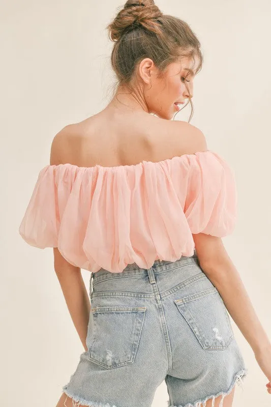 Peach Off Shoulder Balloon Sleeve Crop