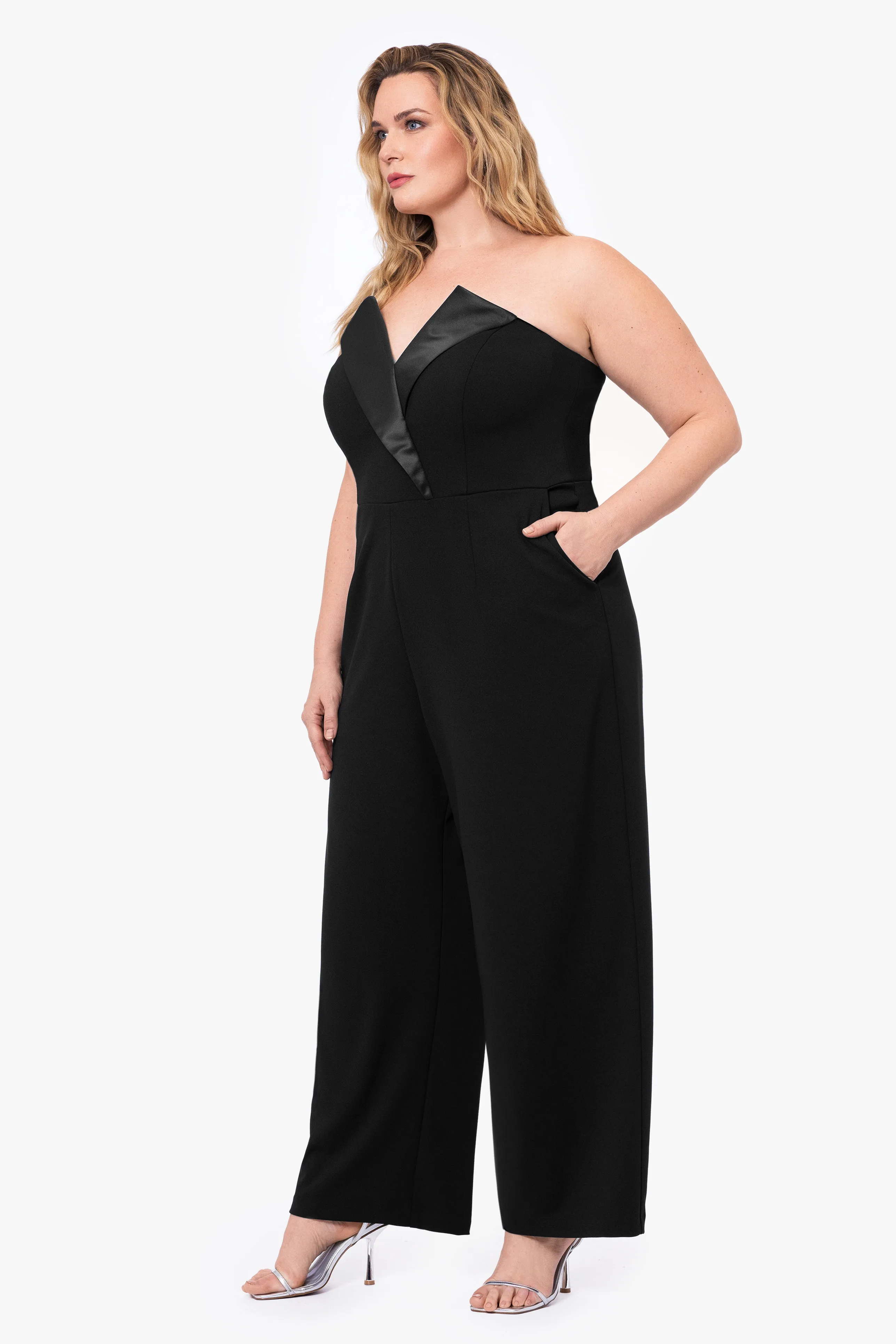 Plus "Tasha" Long Strapless Tuxedo Jumpsuit