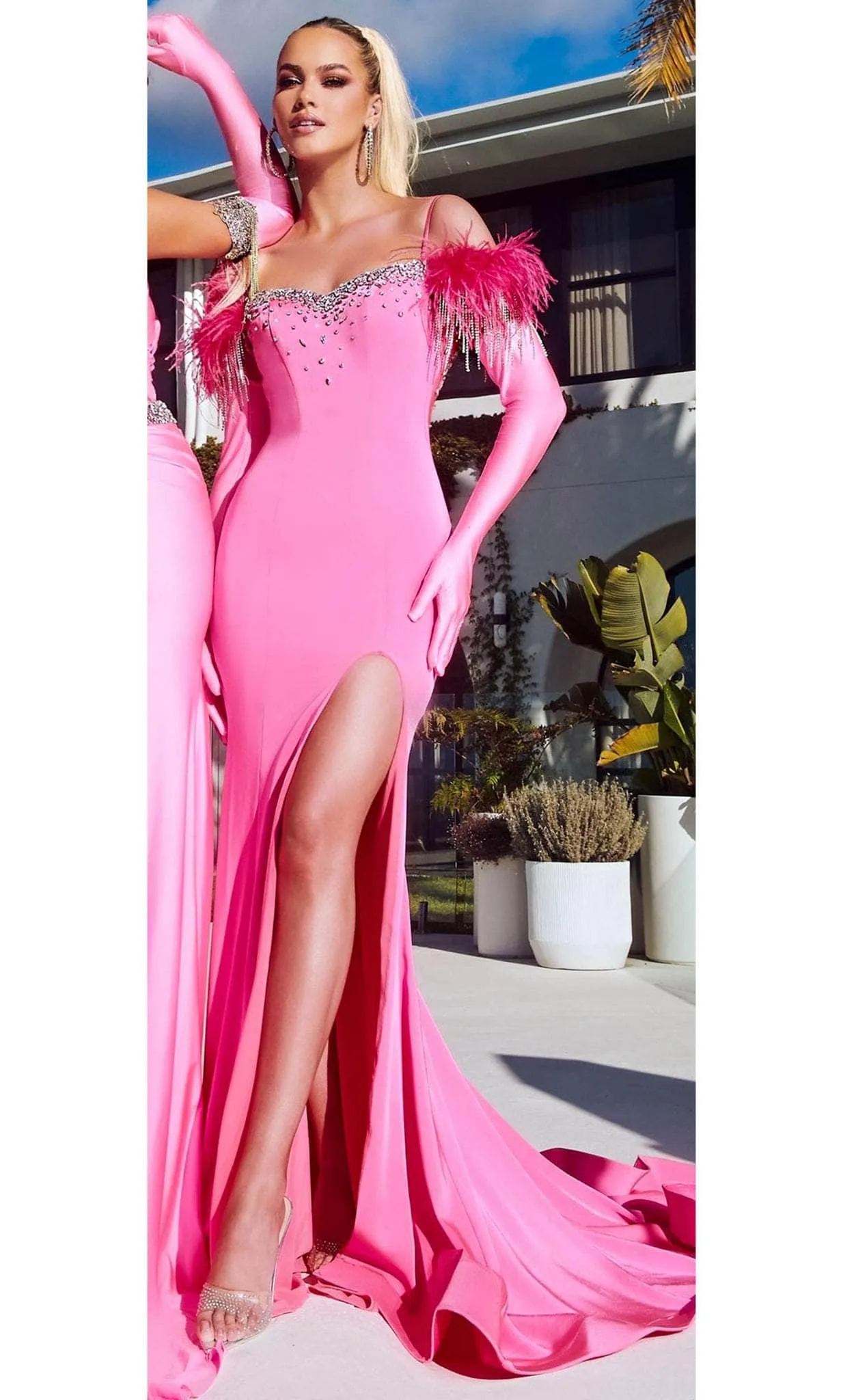 PORTIA & SCARLETT PS23323 Sparkling Feather Cold Shoulder Gown with High-Slit