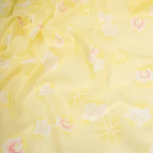 Printed Cotton Voile Design-66 Pink & White Flowers on Yellow