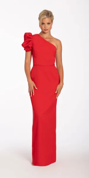 Puff One Shoulder Sleeve Crepe Column Dress