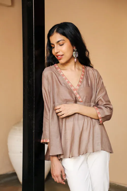 Rangsutra Juhi Warm Grey Peplum Top With Crewel Embroidery