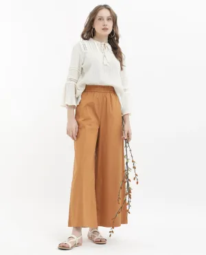 Rareism Women Kofu Light Brown Cotton Fabric Tie-Up Closure Flared Fit Plain Ankle Length Trousers