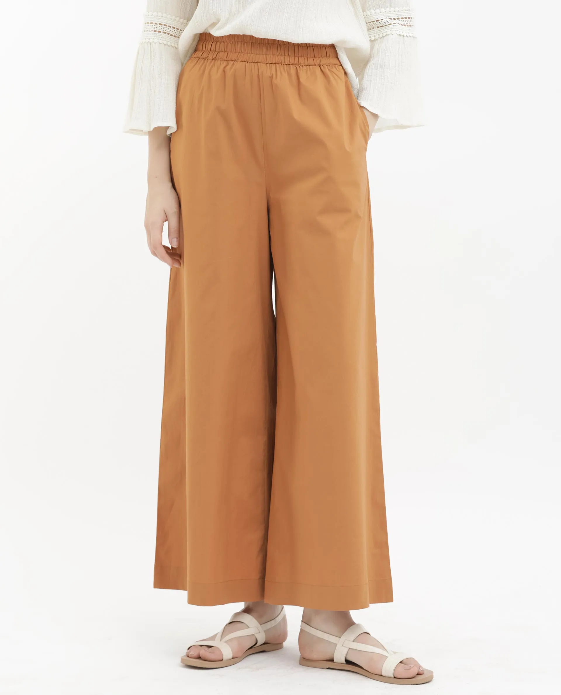 Rareism Women Kofu Light Brown Cotton Fabric Tie-Up Closure Flared Fit Plain Ankle Length Trousers