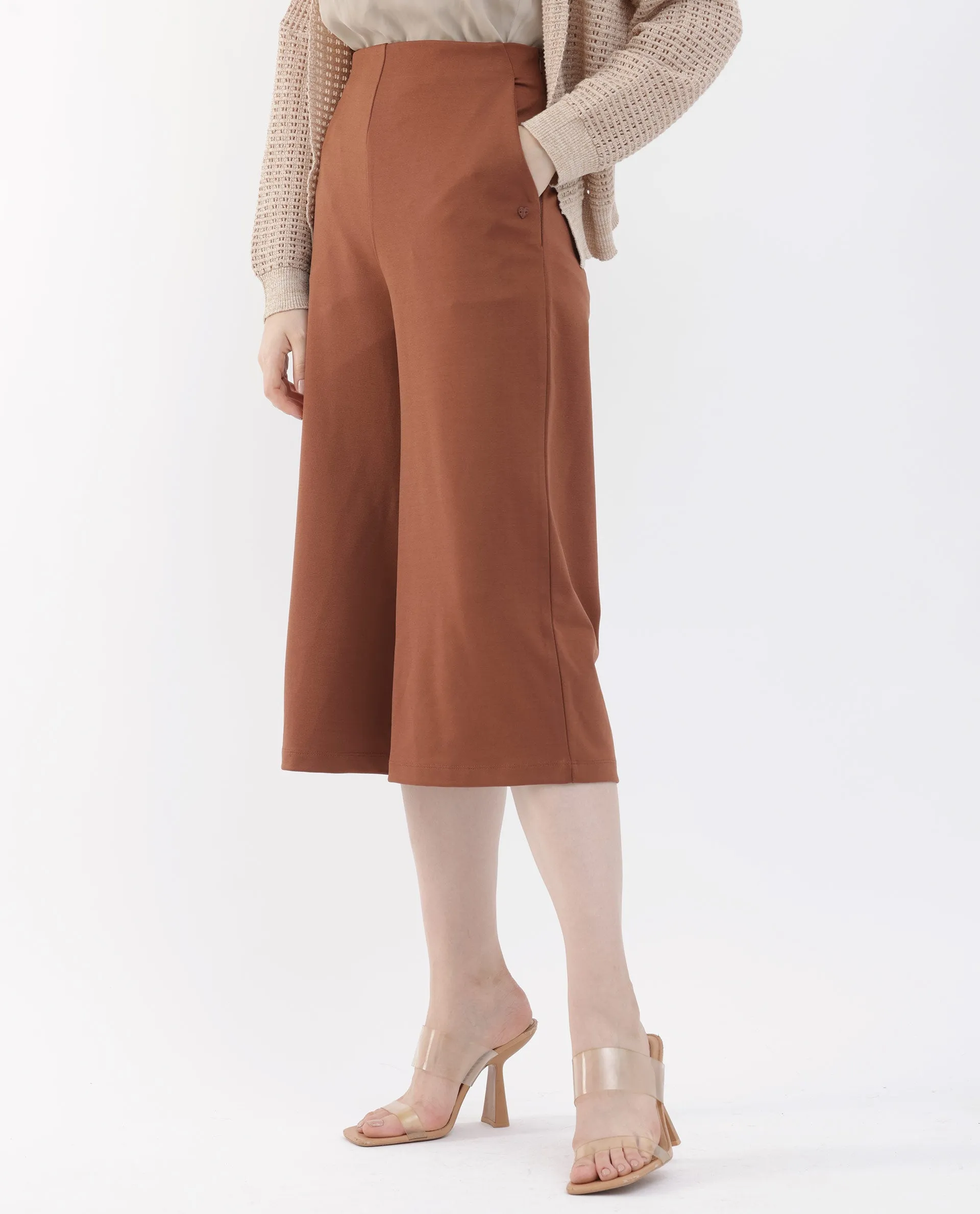 Rareism Women Shoyo Dark Brown Polyester Fabric Zip Closure Flared Fit Plain Midi Culottes