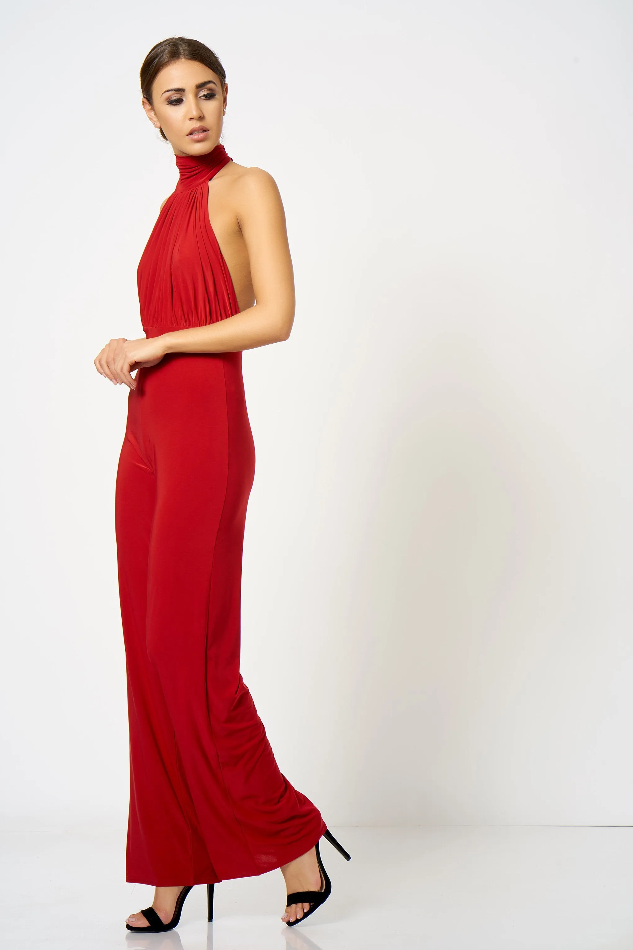 Red Backless Halter Neck Jumpsuit