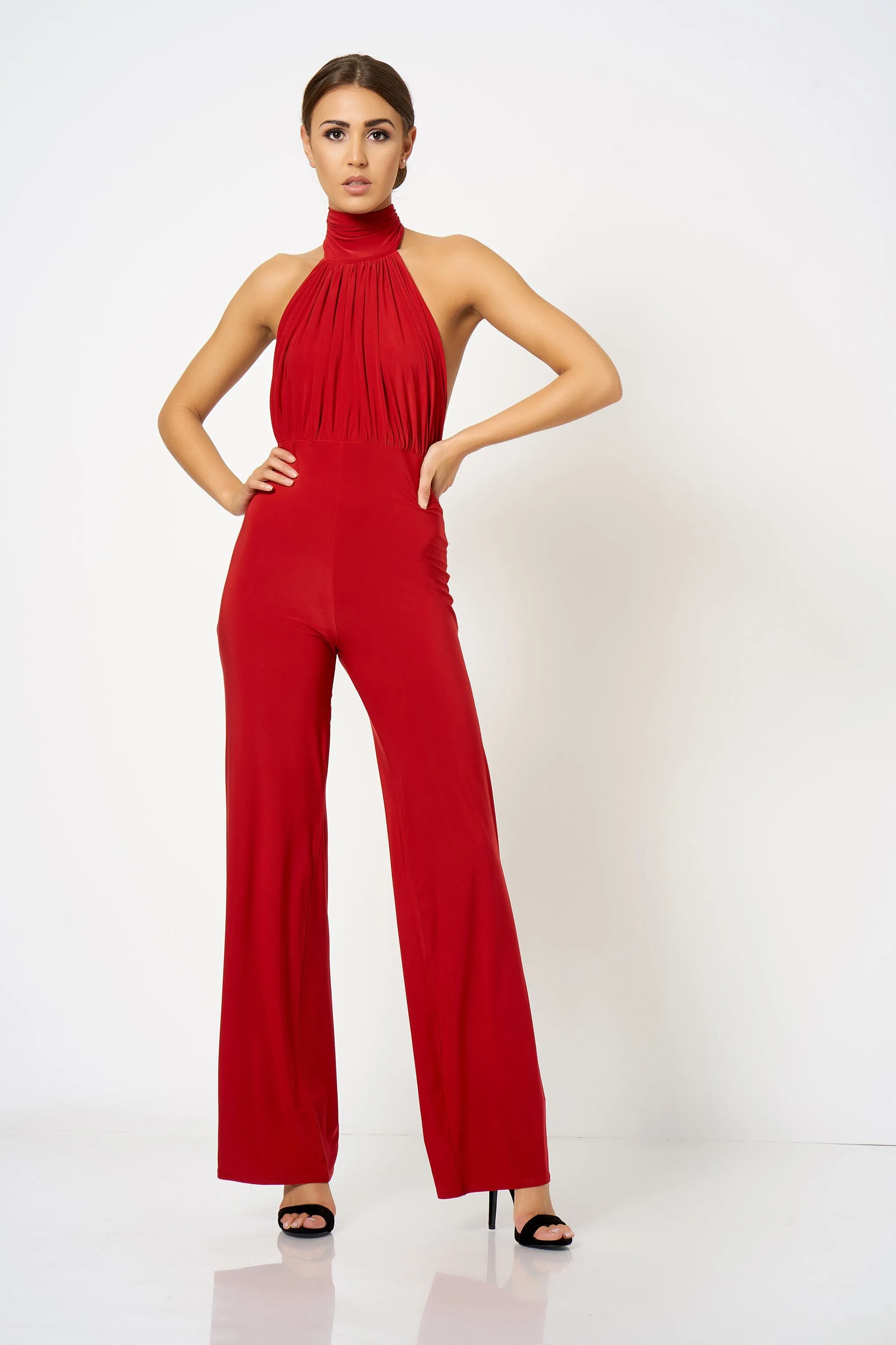 Red Backless Halter Neck Jumpsuit