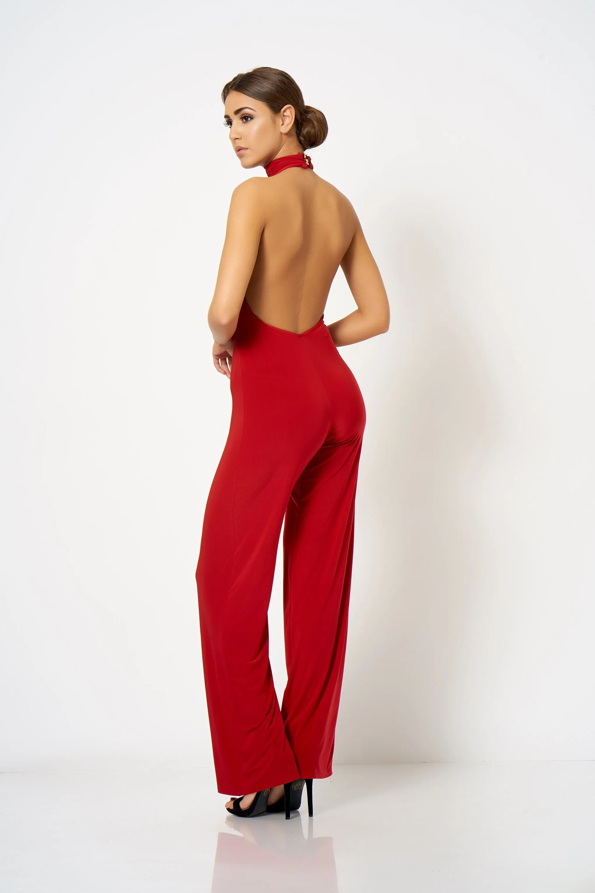 Red Backless Halter Neck Jumpsuit