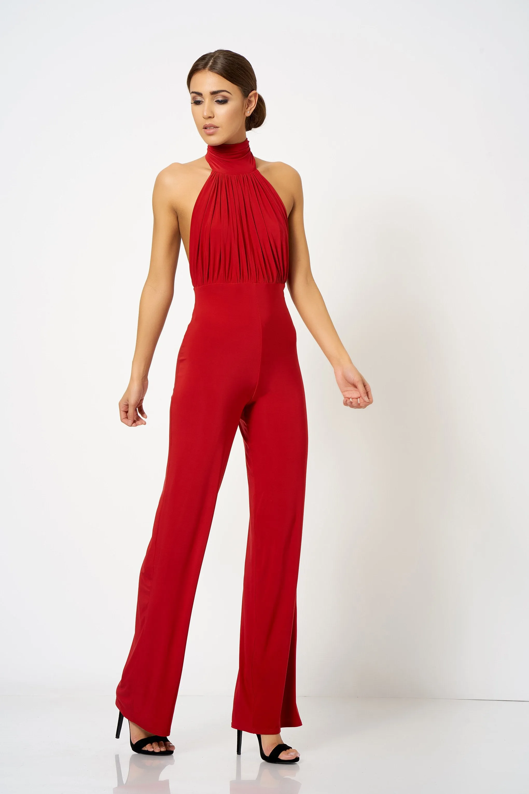 Red Backless Halter Neck Jumpsuit