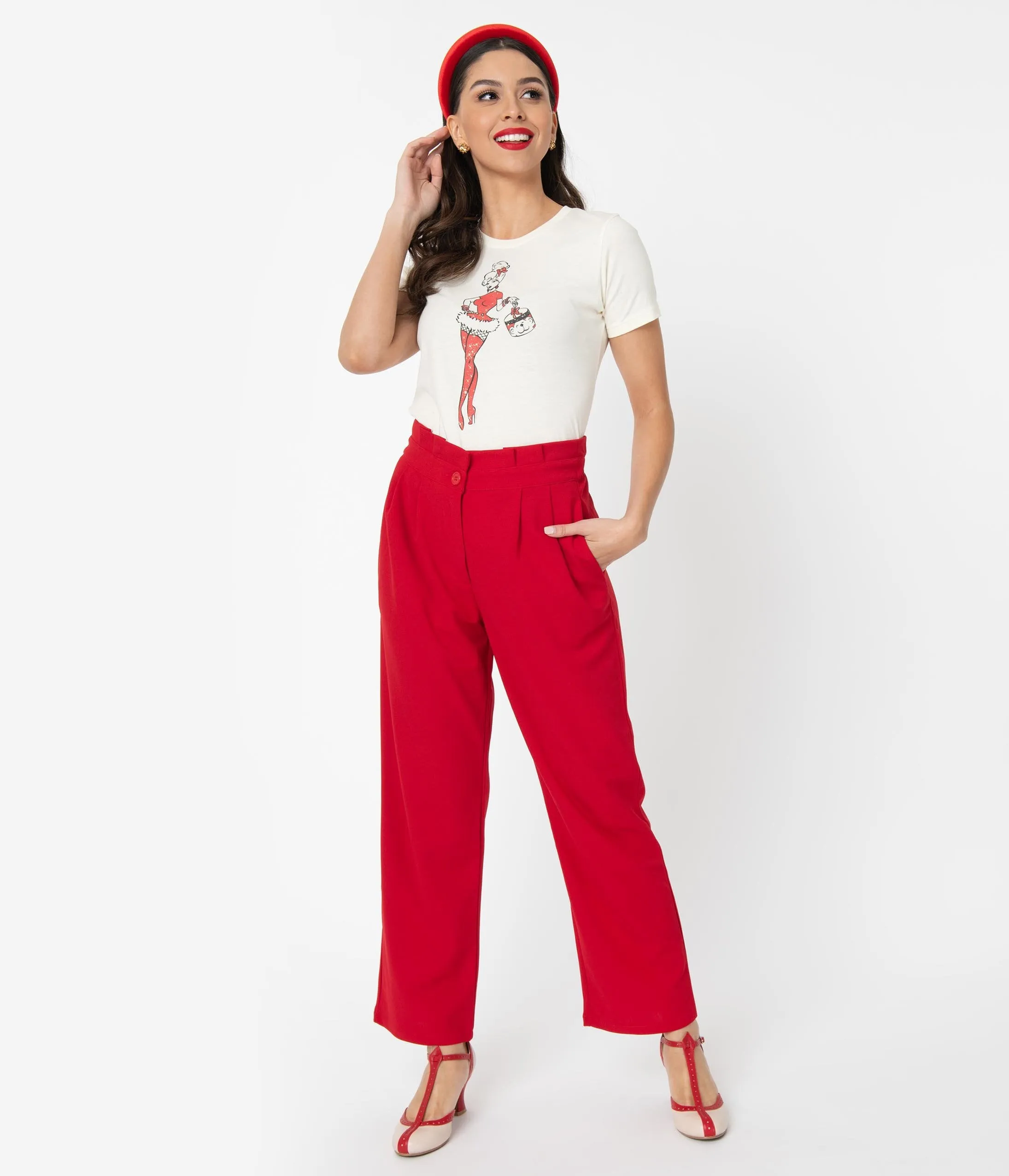 Red Pleated High Waist Pants