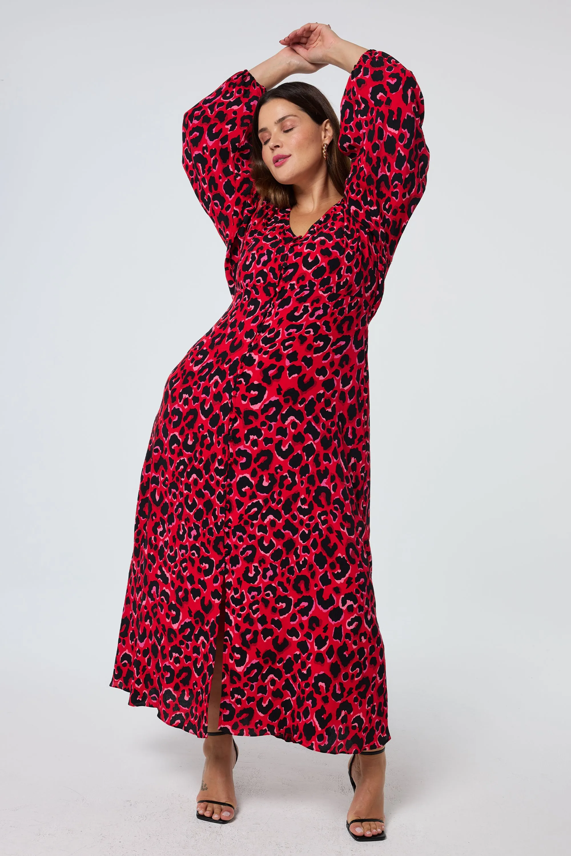 Red with Pink and Black Pop Leopard Blouson Sleeve Midi Tea Dress