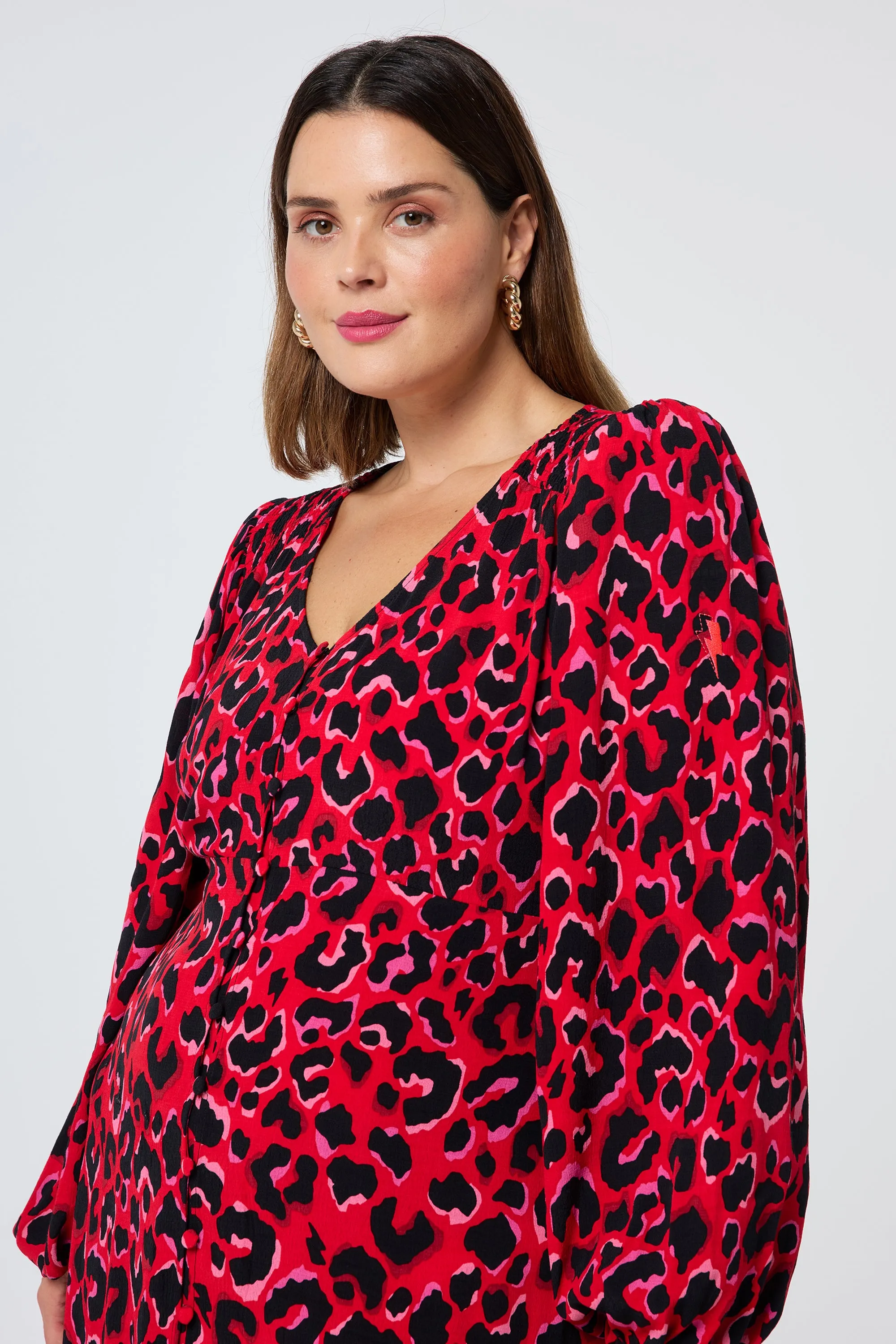 Red with Pink and Black Pop Leopard Blouson Sleeve Midi Tea Dress