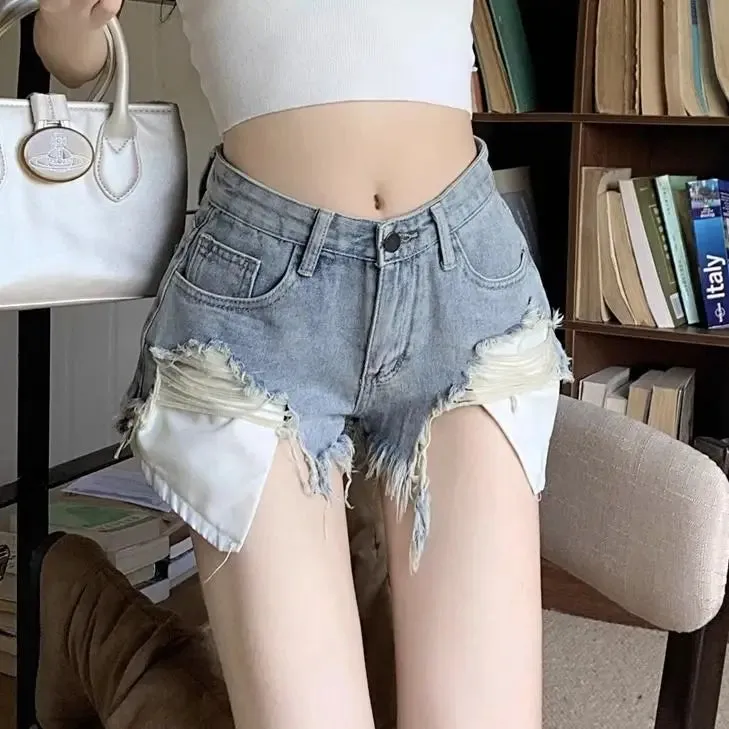 Ripped Fringed Raw-edged Denim Shorts