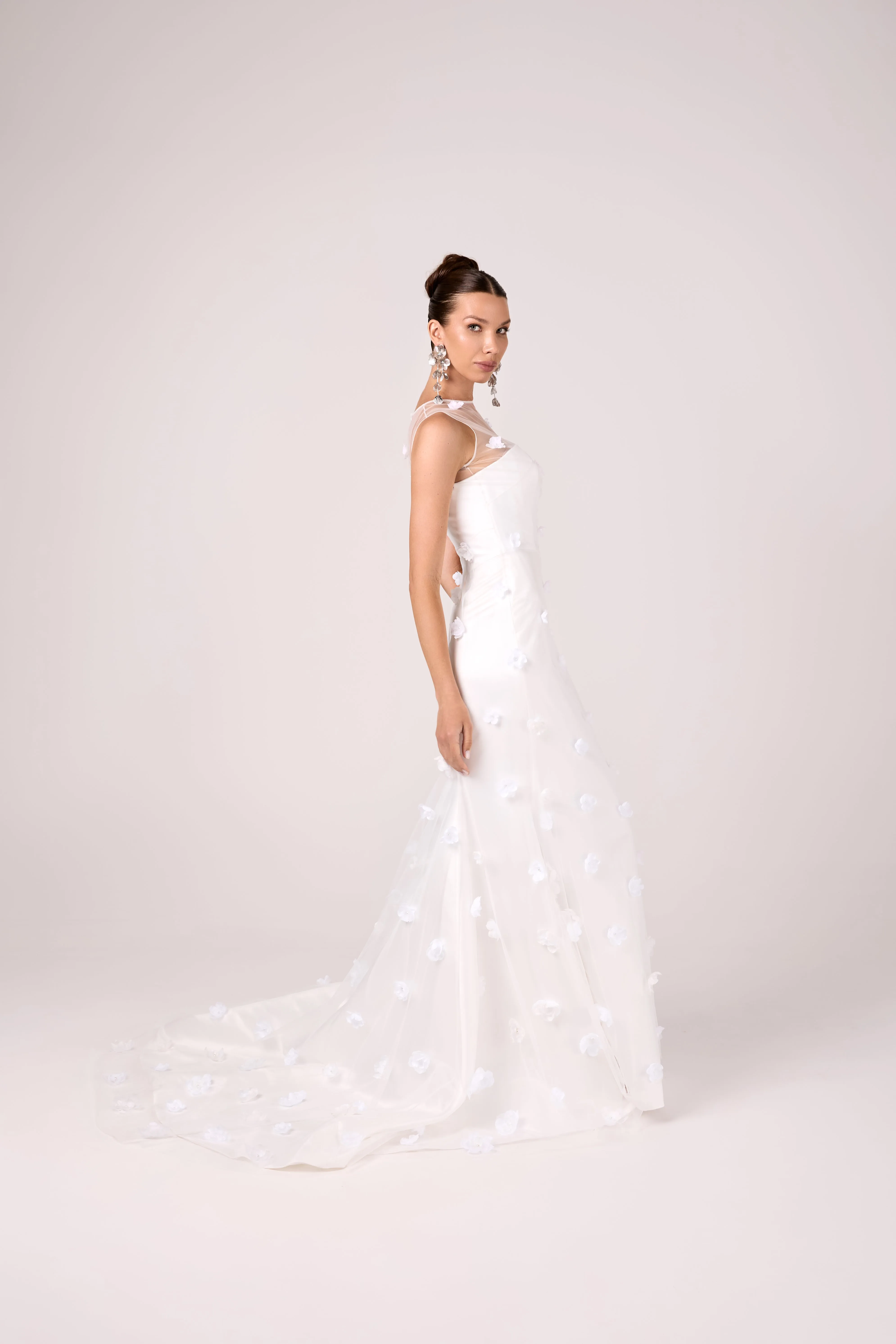 Romantic Satin Mermaid Gown with Sheer Illusion Neckline and 3D Floral Accents