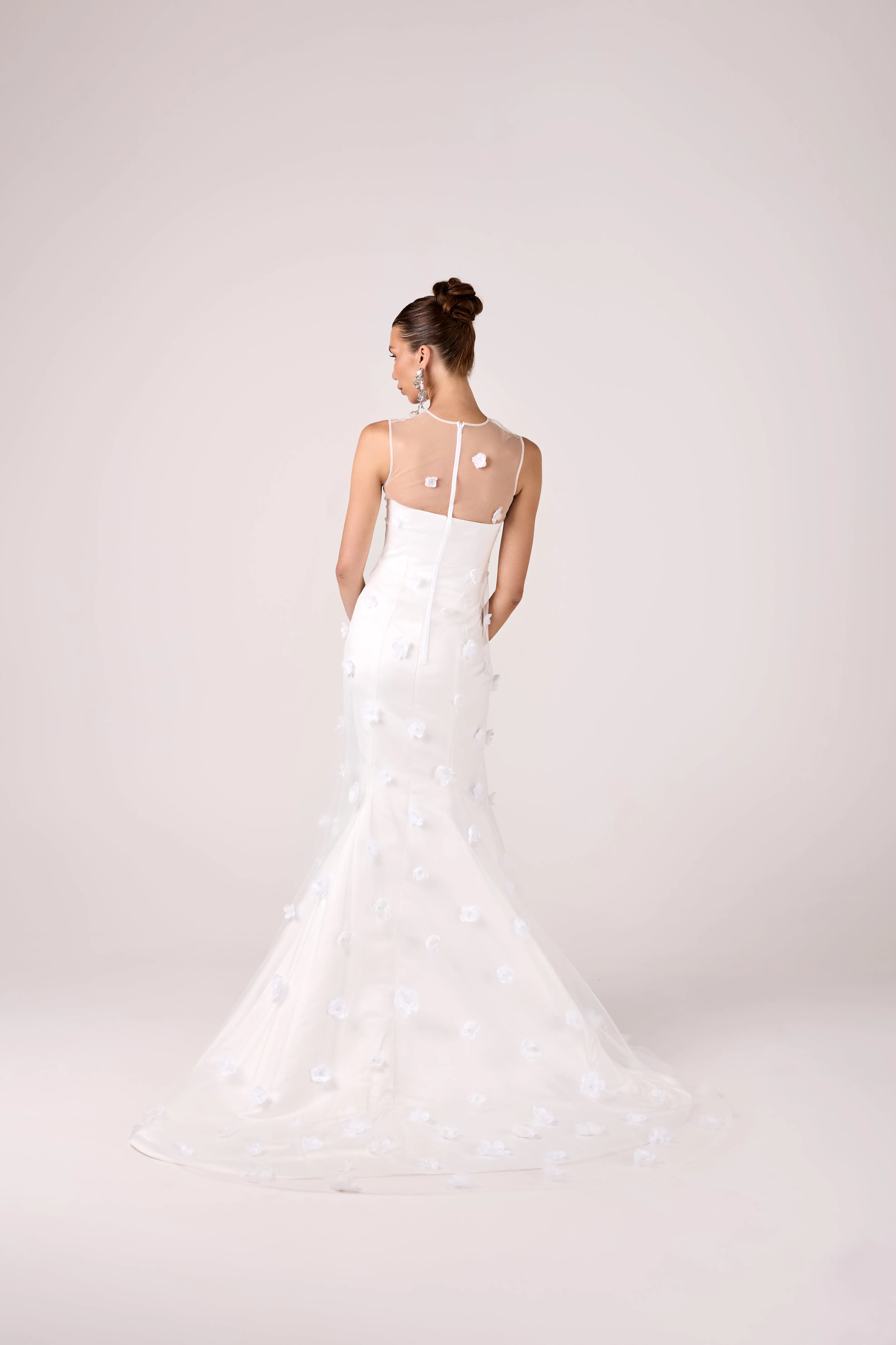 Romantic Satin Mermaid Gown with Sheer Illusion Neckline and 3D Floral Accents