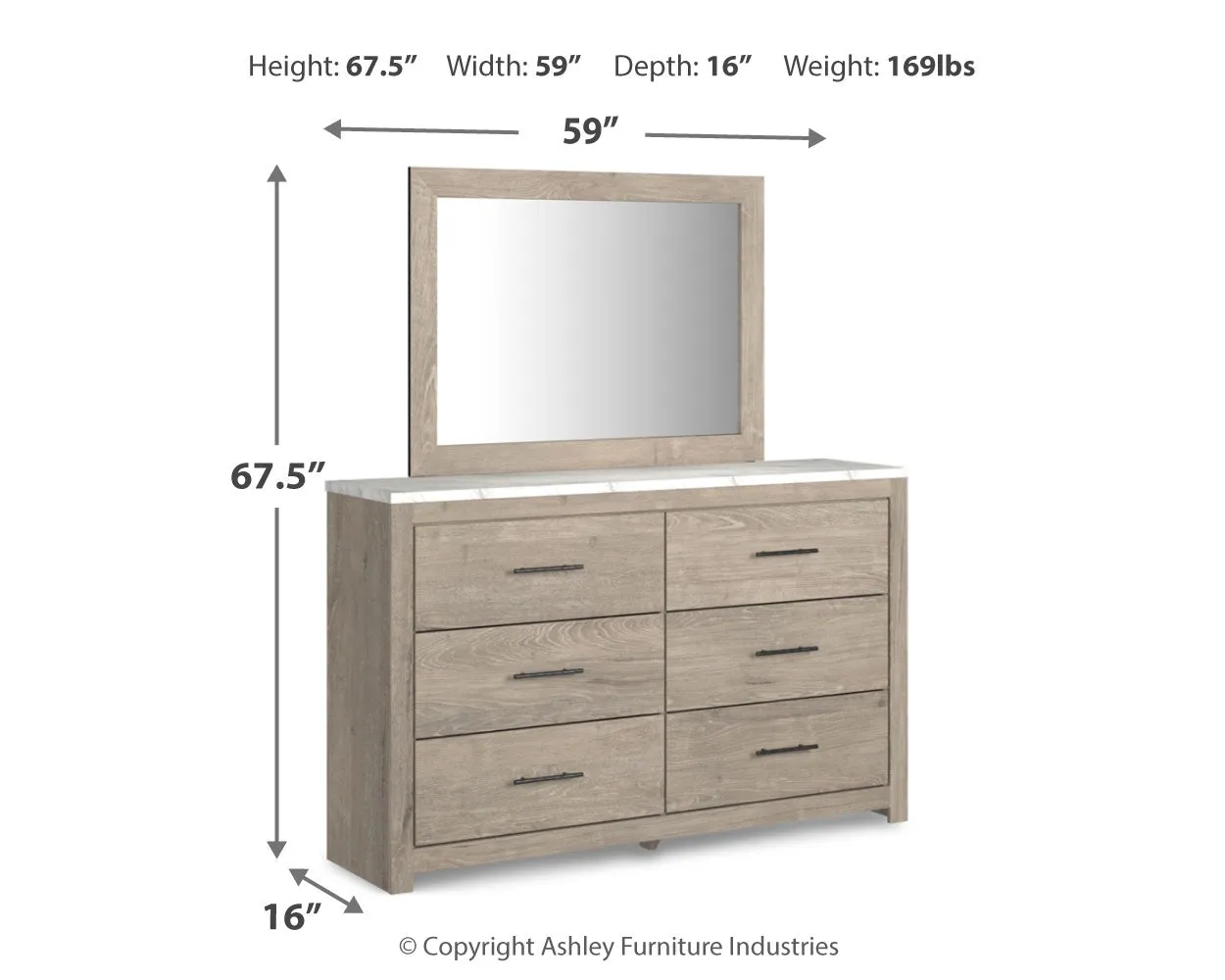 Senniberg Queen Panel Bed with Mirrored Dresser and Chest in Light Brown/White