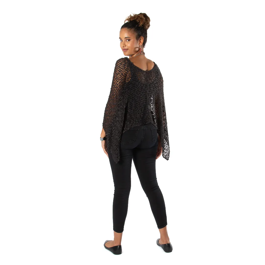 Short Popcorn Knit Poncho - Black, Bali