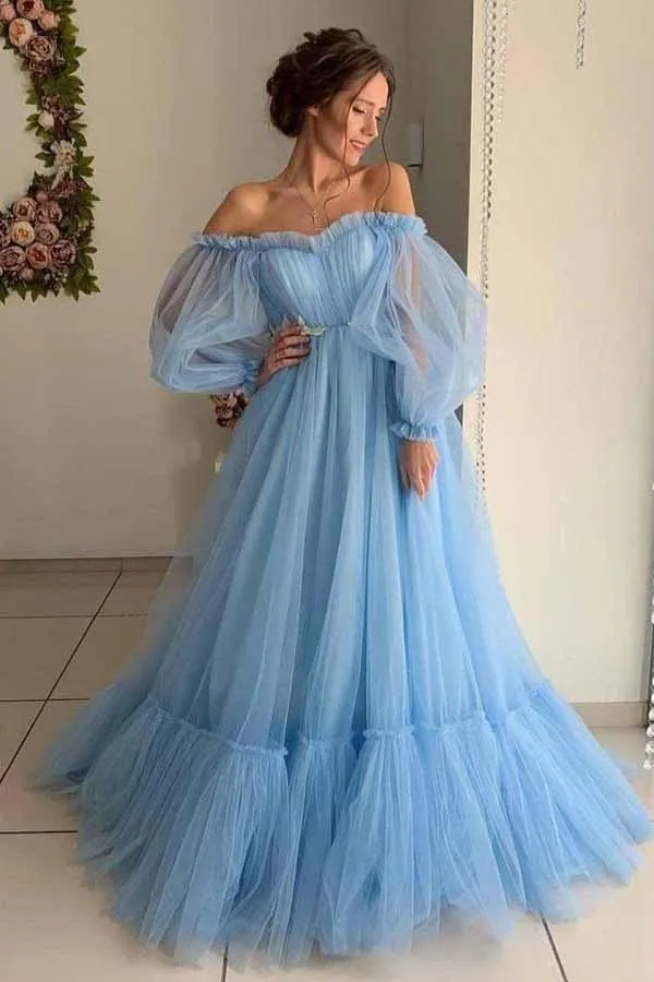 Sky Blue A-line Tulle Off-the-Shoulder Prom Dresses, Long Formal Dresses