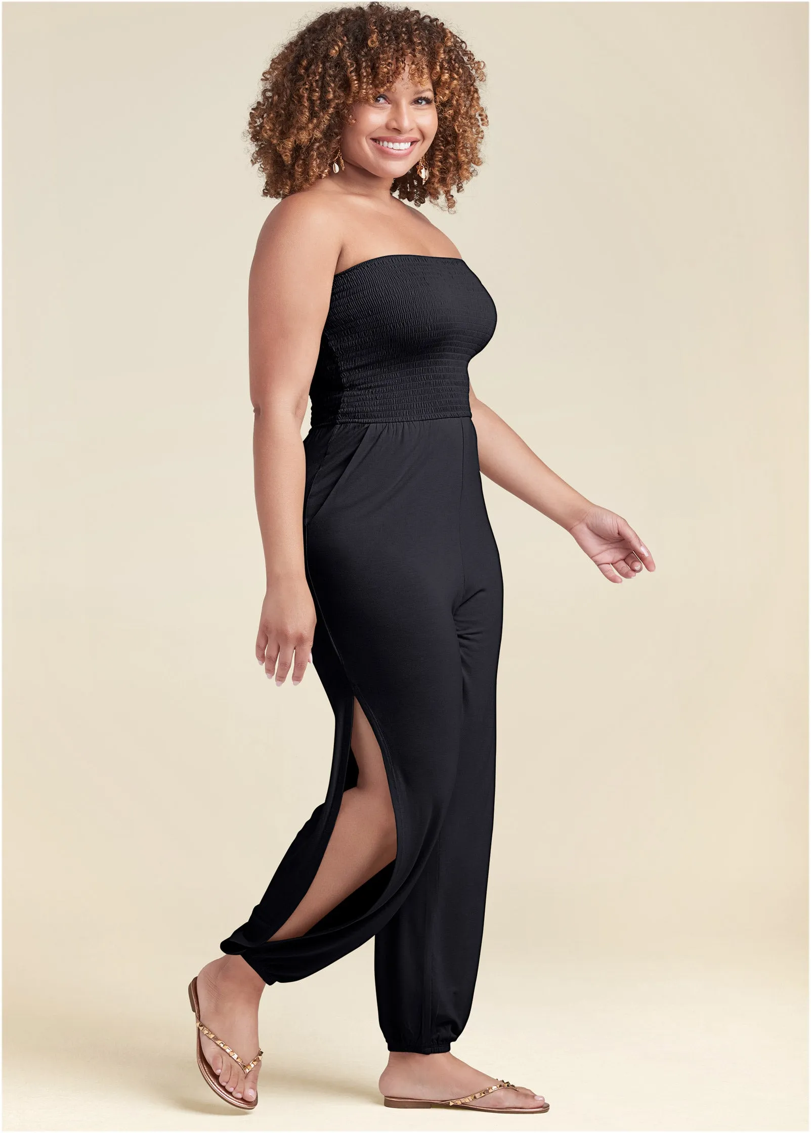 Smocked Side Slit Jumpsuit - Black