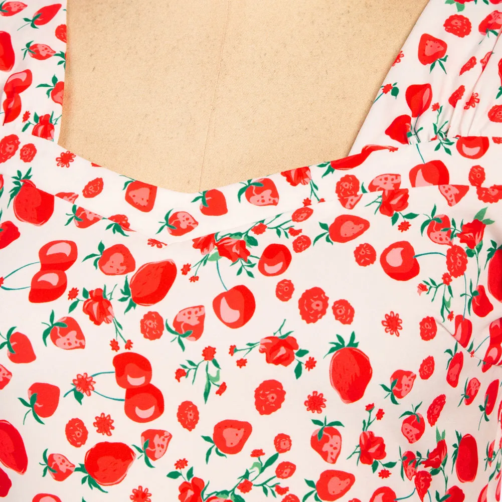 Strawberry Printed Peplum Hem Tops Puffed Short Sleeve Square Neck Tops