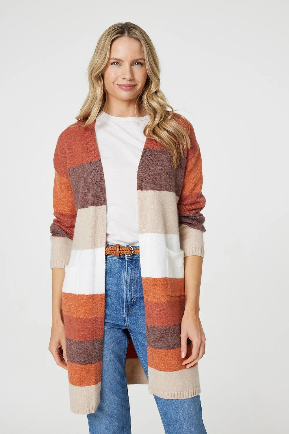 Striped Longline Pocket Front Cardigan