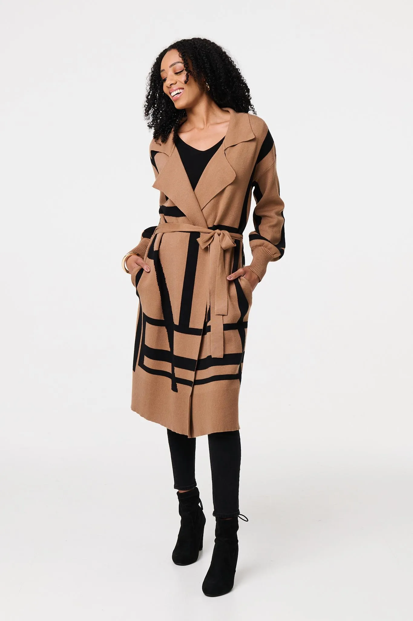 Striped Print Tie Waist Longline Coat