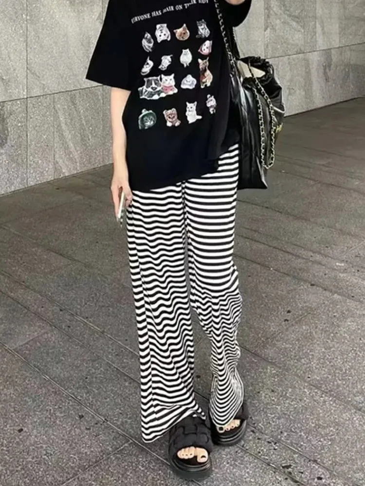 TAVIMART  -  Casual Women Fashion Black Striped Drawstring Wide Leg Trousers Summer Vintage High Waist Female Chic Bottoms