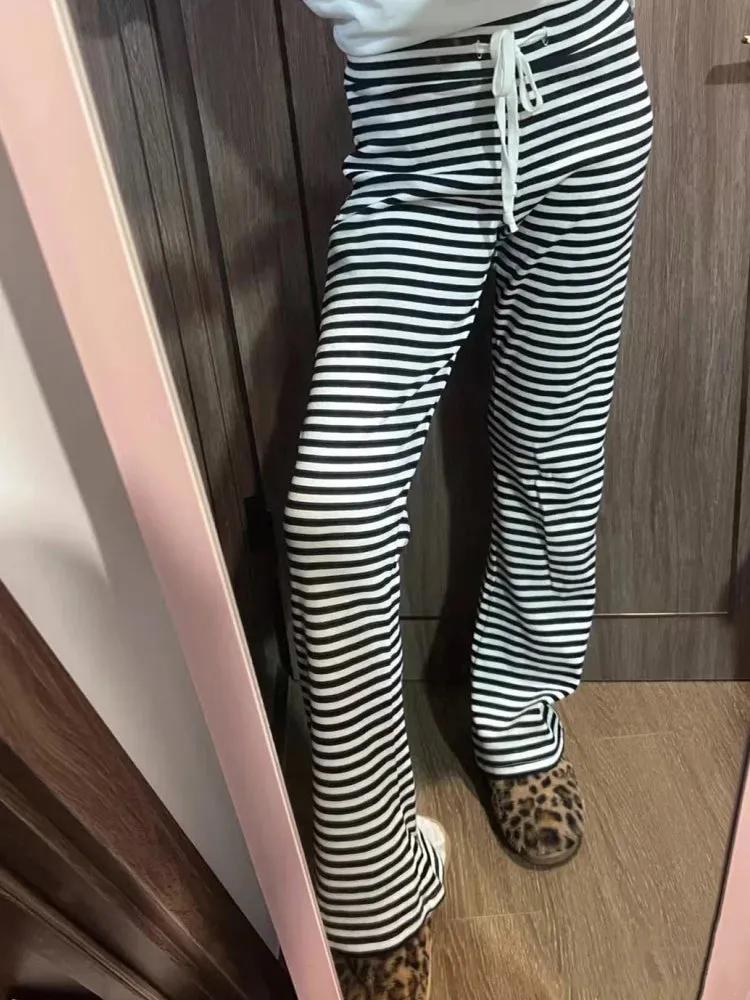 TAVIMART  -  Casual Women Fashion Black Striped Drawstring Wide Leg Trousers Summer Vintage High Waist Female Chic Bottoms