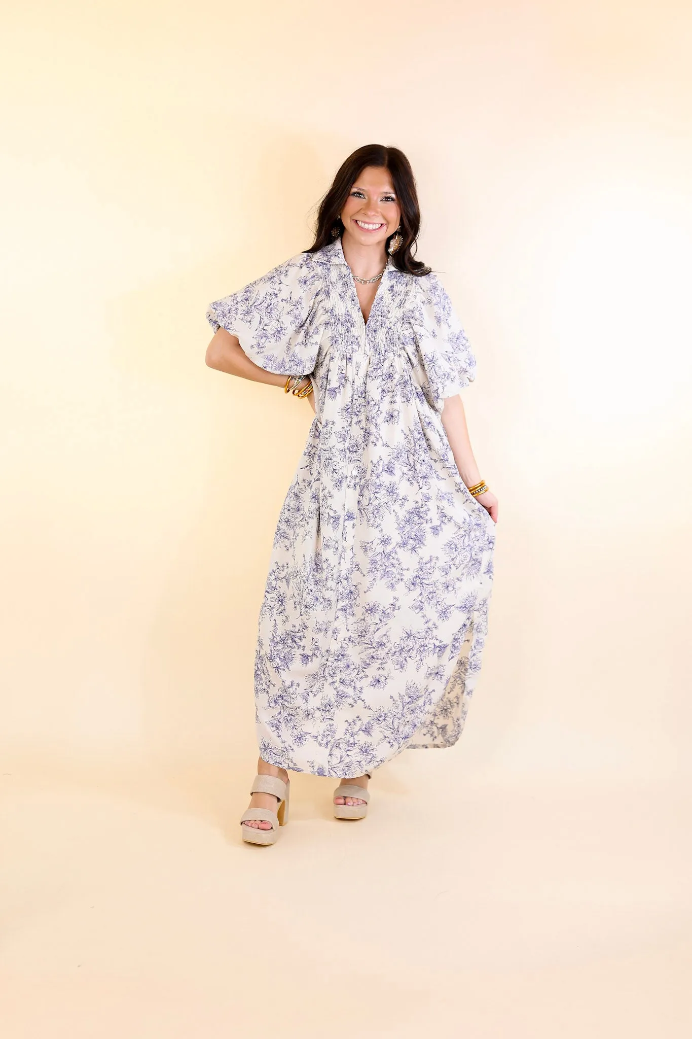 Timeless Blossom Floral Print Button Up Dress in Cream and Blue