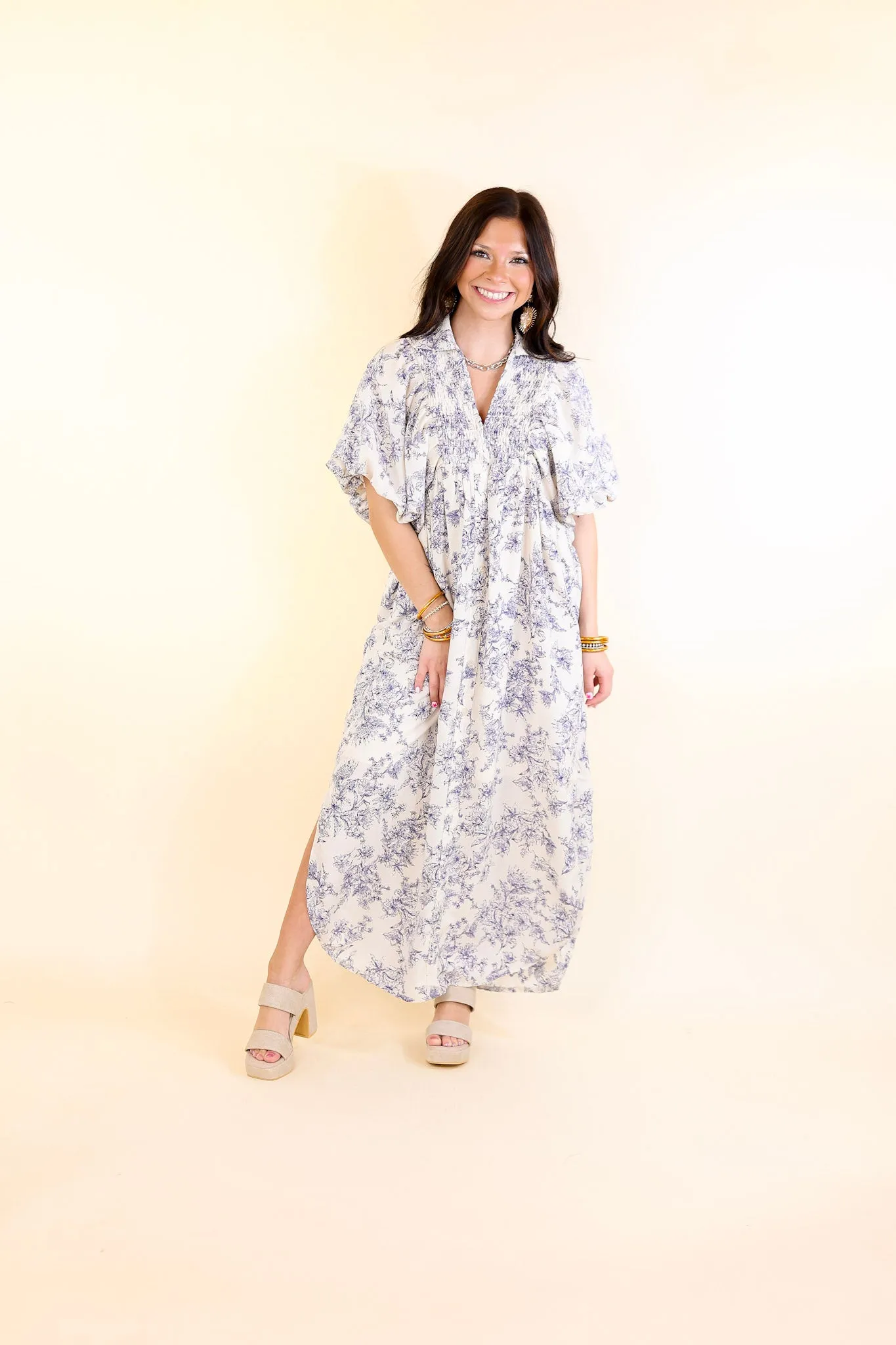 Timeless Blossom Floral Print Button Up Dress in Cream and Blue