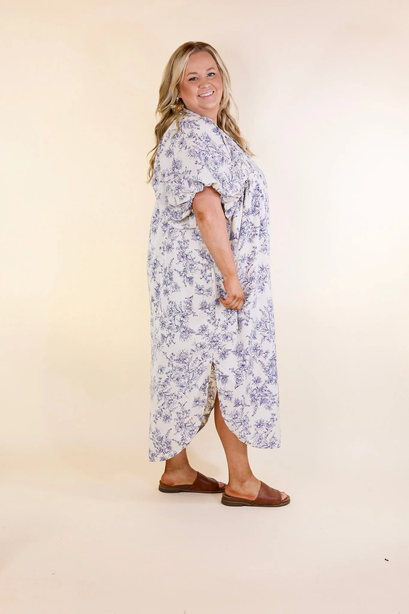 Timeless Blossom Floral Print Button Up Dress in Cream and Blue