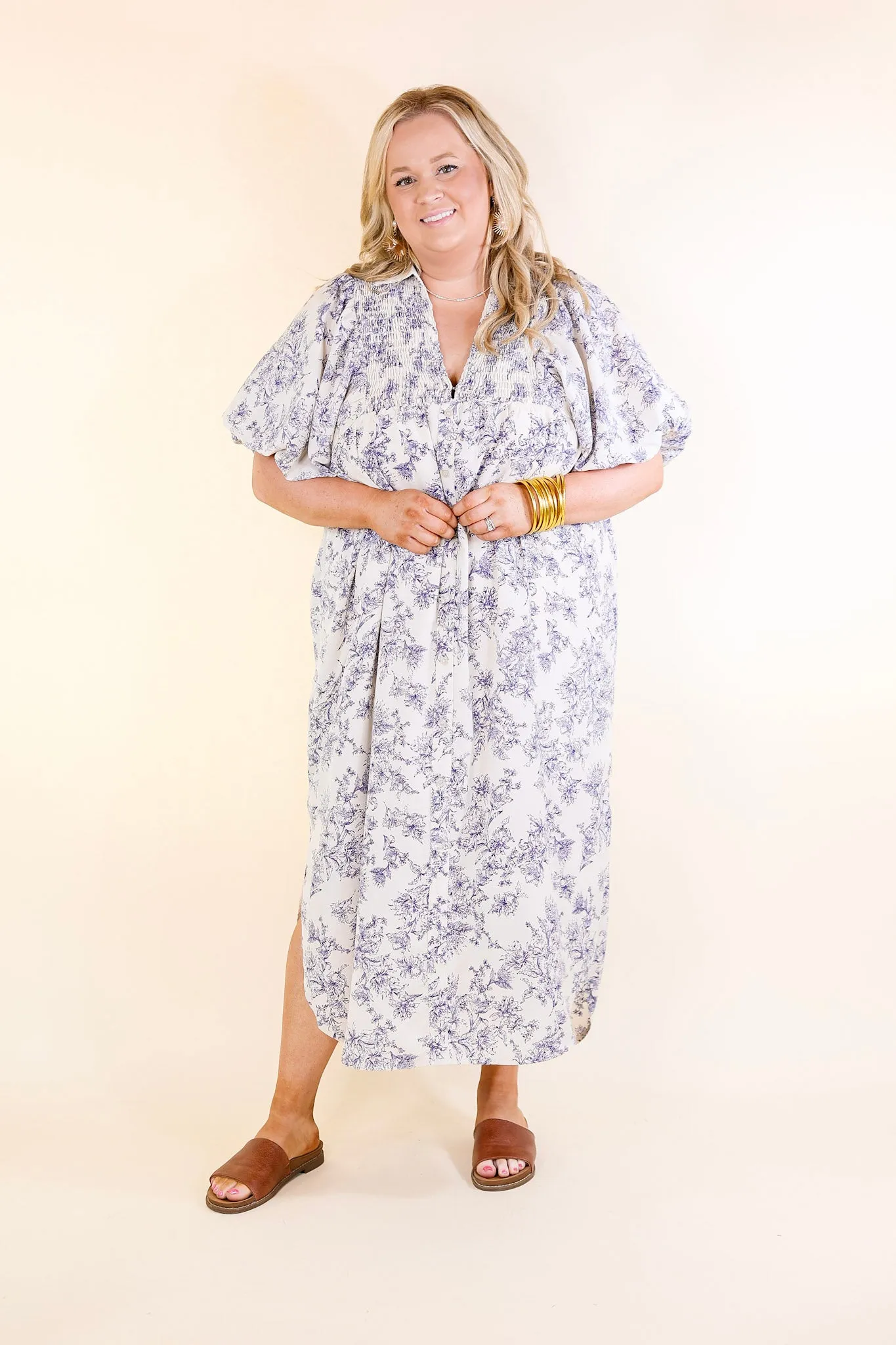 Timeless Blossom Floral Print Button Up Dress in Cream and Blue