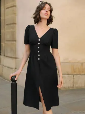 Timeless Noir V-neck Front Buttoned Chic Dress