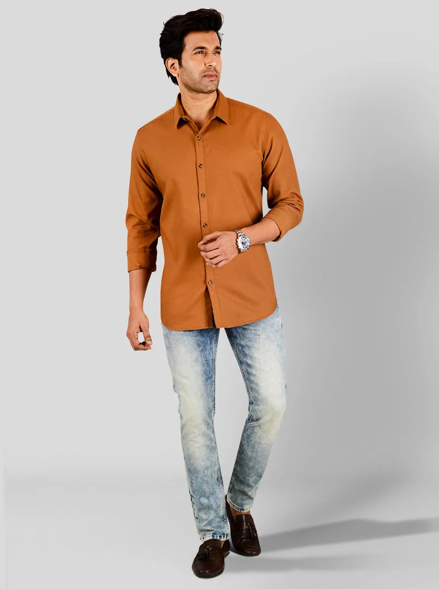 Tobacco Brown Self Textured Slim Fit Casual Shirt | JadeBlue