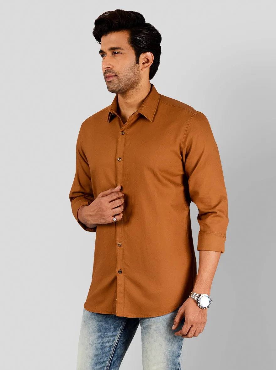 Tobacco Brown Self Textured Slim Fit Casual Shirt | JadeBlue