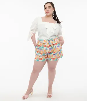 Unique Vintage Plus Size 1940s Rainbow Pastel Check Cotton High Waist Shorts