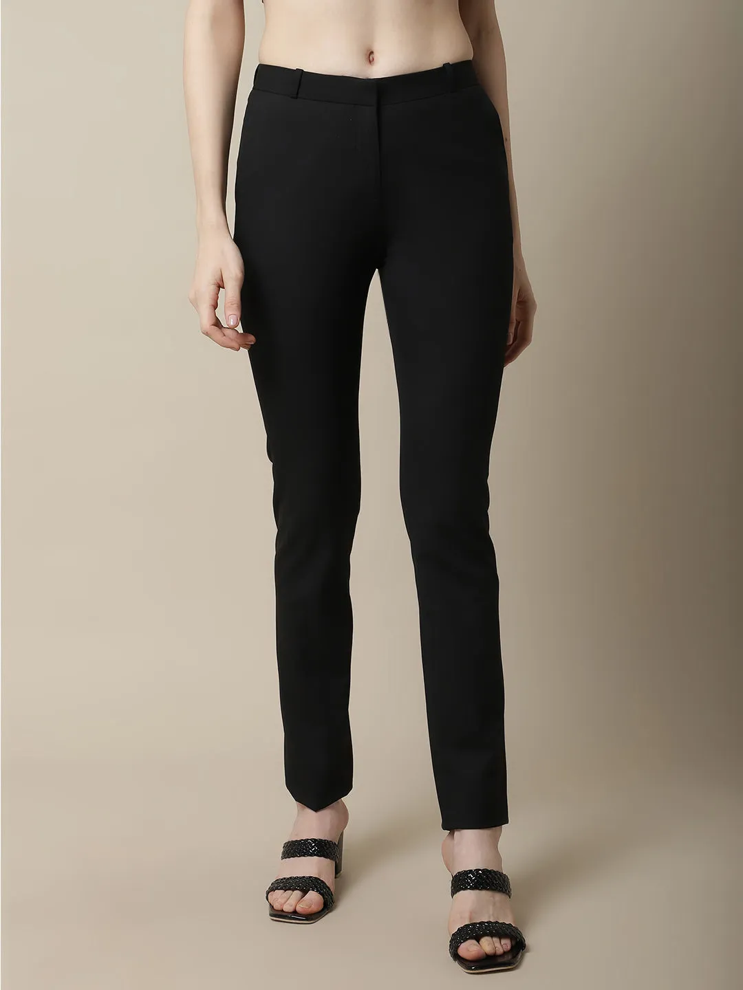 Women's Formal Flat Front Black Full length Mid rise Trousers