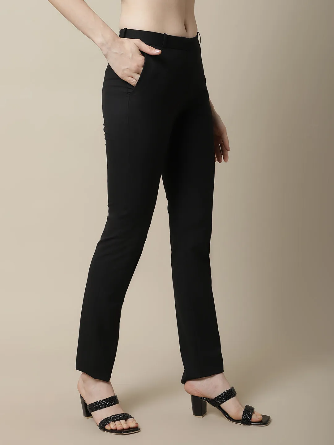 Women's Formal Flat Front Black Full length Mid rise Trousers