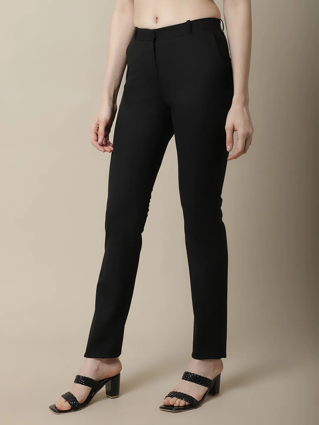 Women's Formal Flat Front Black Full length Mid rise Trousers