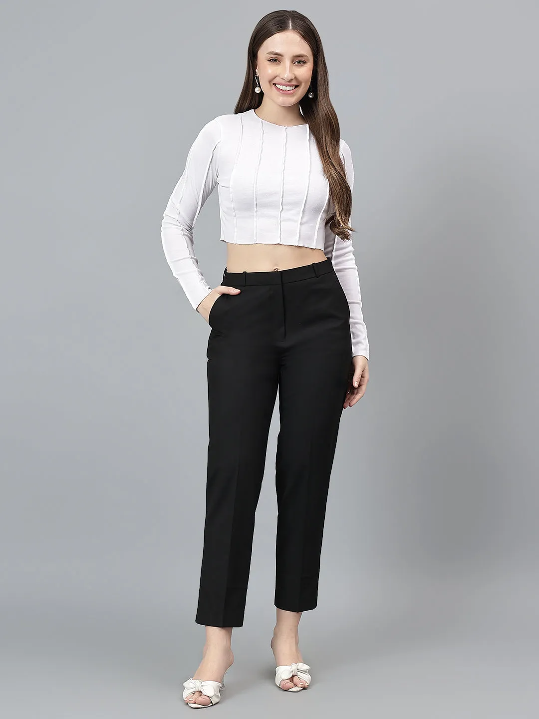 Women's Solid Black Full length Mid Rise Trousers