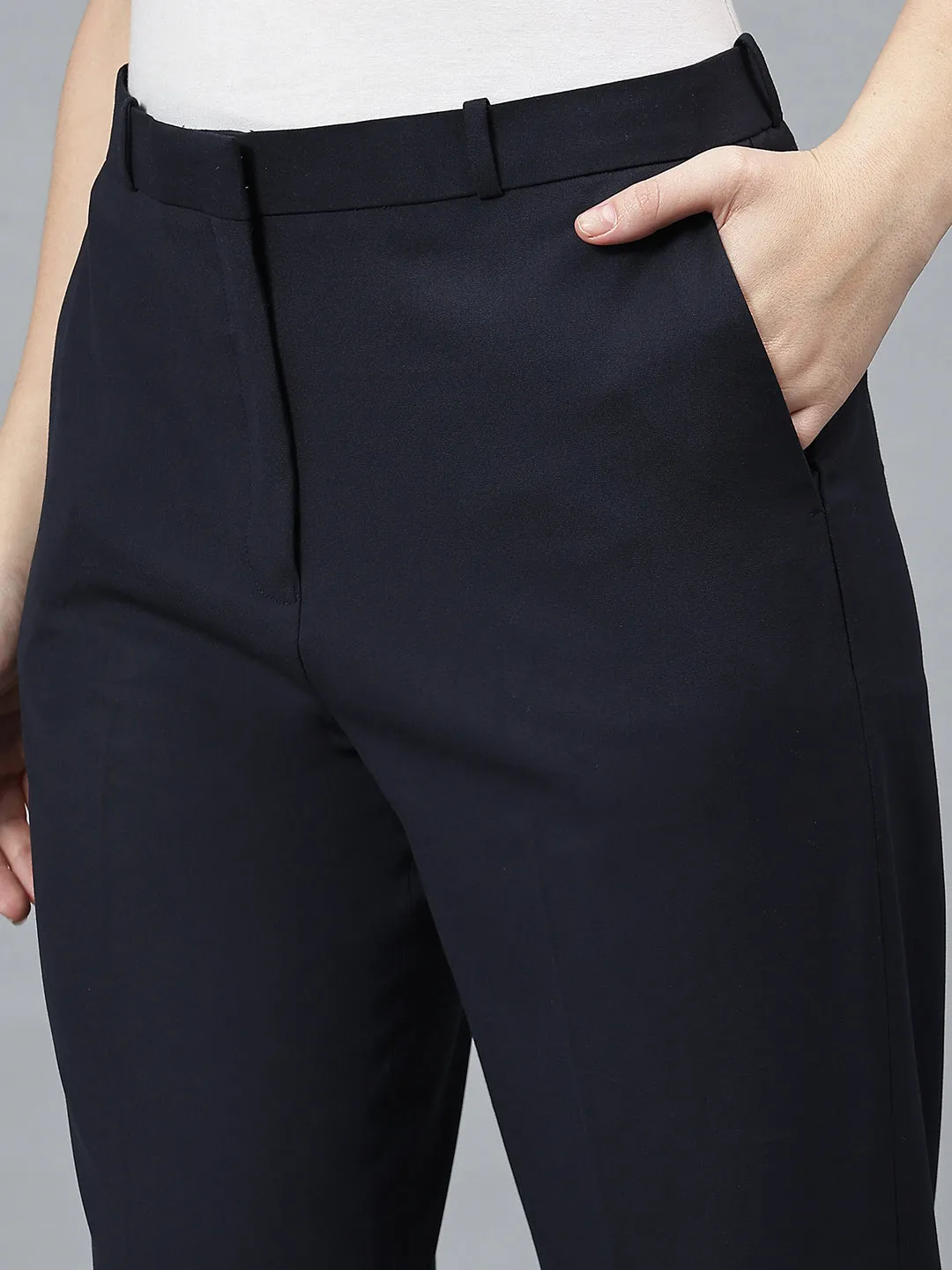 Women's Solid Navy Full length Mid Rise Trousers