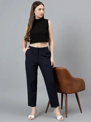 Women's Solid Navy Full length Mid Rise Trousers