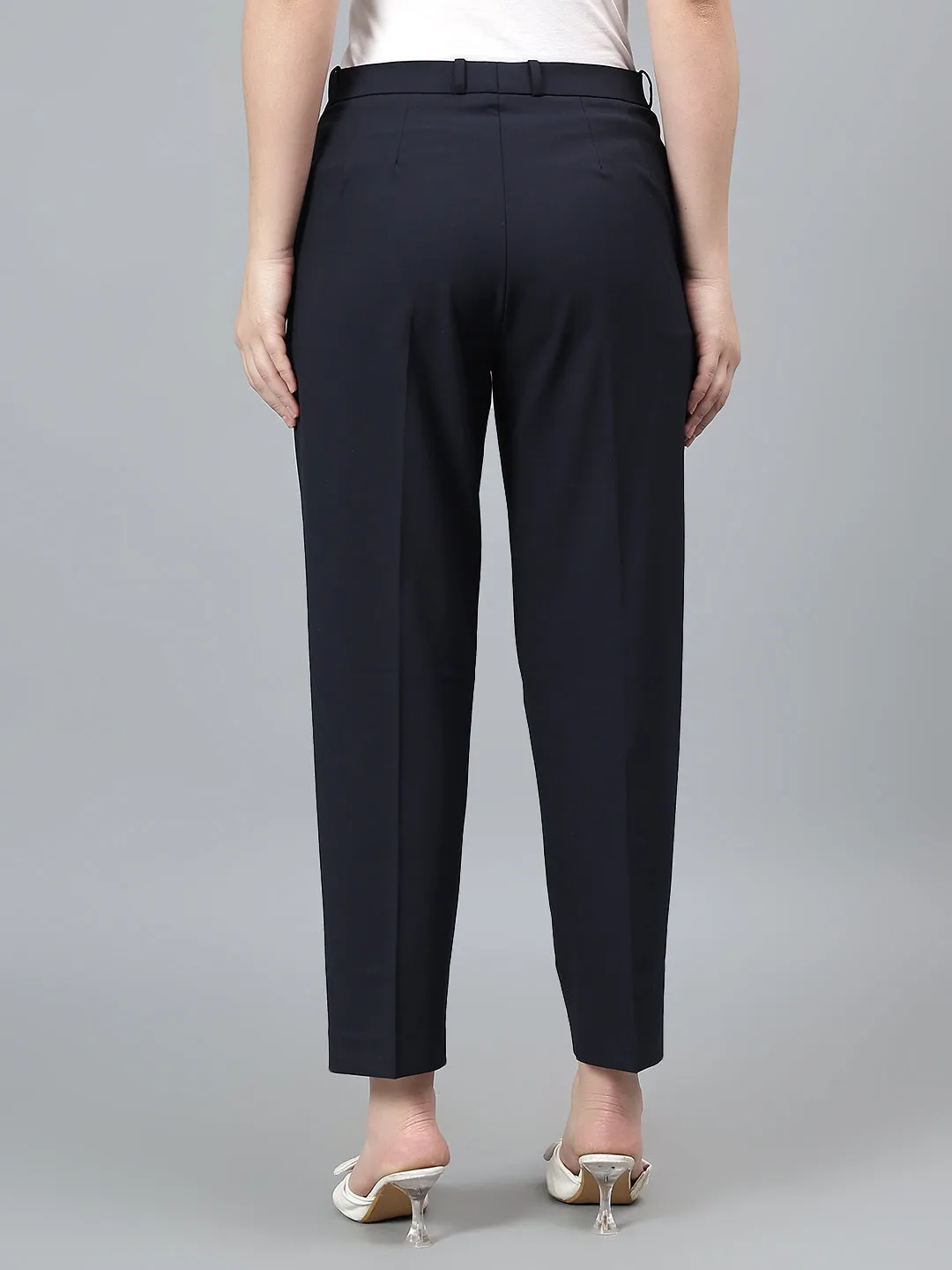 Women's Solid Navy Full length Mid Rise Trousers