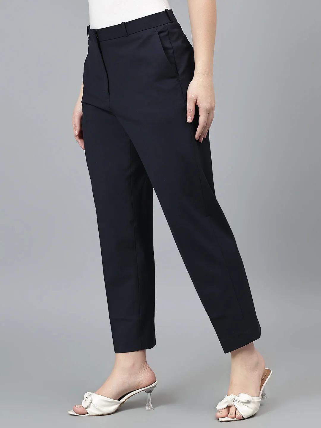 Women's Solid Navy Full length Mid Rise Trousers