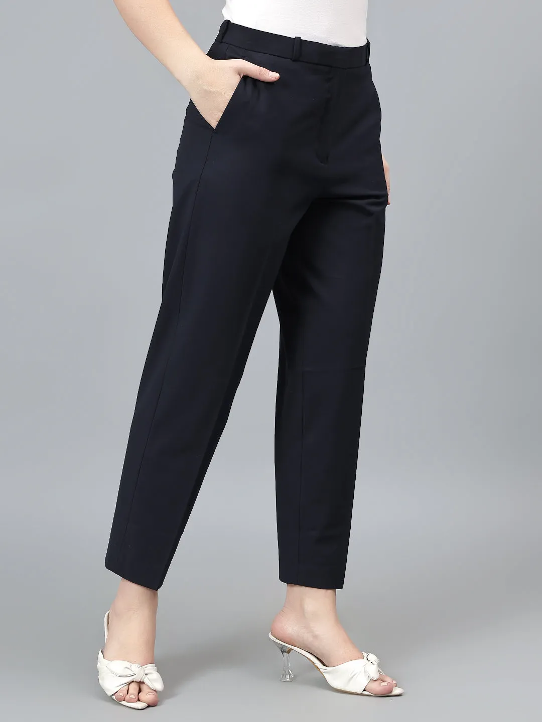 Women's Solid Navy Full length Mid Rise Trousers